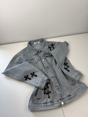 LEMANDIK Light Wash Denim Jacket with Black Cross Embroidery